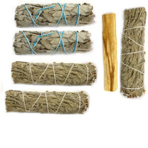 Blue Sage Smudge Sticks 3-pack Kit -  4" with White Sage Bundle 2-pack 4" and Palo Santo Stick 4" - Instructions - Chakra Palace